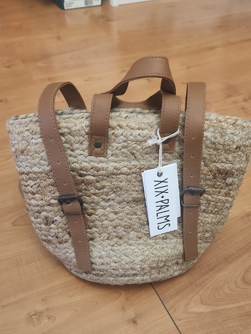XIX Palms Tan Straw Tote Bag with Leather Straps